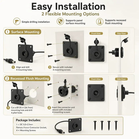 Waterproof Wall Pass Through Socket For Starlink Mini Power Setup 5.5x2.1mm DC Connector, wall mount kit with screws
