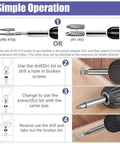 Diagram showing the simple operation steps of the 22Pcs Mini Damaged Screw Extractor Kit For Stripped Screws And Broken Bolts Easy Out Set.