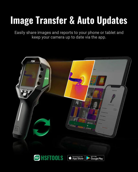 F2W Thermal Imaging Camera With Live Super Resolution Converts 256x192 IR To 640x480 Clarity Crystal Clear Night Vision 6 Inch Display Portable Thermal Camera For Home Roofing Electrical Inspections showing app image transfer