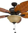 Royal Palm 52 Inch Tropical LED Ceiling Fan With Light Kit, hand carved Linden wood blades in bronze, pull chain, side view