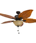 Sabal Palm 52 Inch Tropical LED Ceiling Fan With Light For Living Areas, Pull Chain Operation, Hand Carved Solid Wood Blades