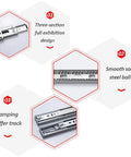 Smooth Glide Drawer Slides Set overview with three-section full extension, solid steel ball, damping buffer track for cabinets and kitchen.
