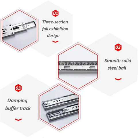 Smooth Glide Drawer Slides Set overview with three-section full extension, solid steel ball, damping buffer track for cabinets and kitchen.