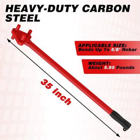 Heavy Duty Reverse Head Rebar Bender For 5/8 Inch Metal Rods, 35 inch red manual steel bending tool with rubber grip.