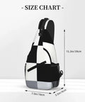 Size chart for Unisex Black And White Piano Key Grid Print Fanny Pack Adjustable Crossbody Chest Bag showing dimensions.