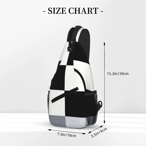Size chart for Unisex Black And White Piano Key Grid Print Fanny Pack Adjustable Crossbody Chest Bag showing dimensions.