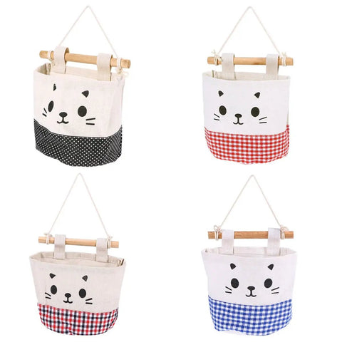 Wall Mounted Hanging Storage Bag Organizer With Solid Wooden Bar For Closets And Doorways Offers Nifty Multi Pockets For Remotes And Keys With Zero Drama Setup, featuring cat designs and various color patterns.