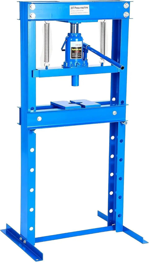 Beefy 20 Ton Hydraulic H Frame Shop Press With Adjustable Work Table And Press Plates, Heavy Duty Auto Repair Press, Blue