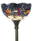 Blue Lotus Tiffany Floor Lamp With Stained Glass Shade 12 Inch Wide 71 Inch Tall Torchiere Standing Corner Uplight Go-To Living Room And Bedroom Decor Antique Bronze Base UL Listed And LED Ready close-up of stained glass shade