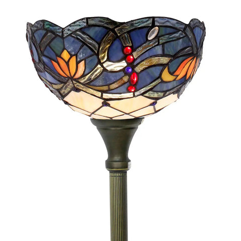 Blue Lotus Tiffany Floor Lamp With Stained Glass Shade 12 Inch Wide 71 Inch Tall Torchiere Standing Corner Uplight Go-To Living Room And Bedroom Decor Antique Bronze Base UL Listed And LED Ready close-up of stained glass shade