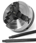 Top Shelf Three Inch Three Jaw Self Centering Wood Lathe Chuck with reversible jaws and two adjustment rods.