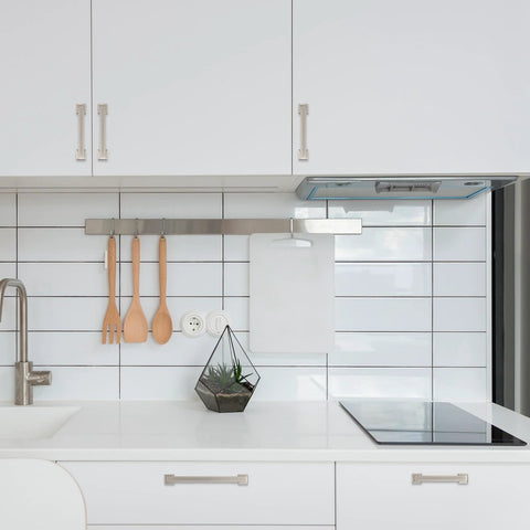 Modern kitchen with 10 Pack 5 Inch Brushed Satin Nickel Cabinet Handles For Kitchen Cabinets Durable Pulls And Door Handles installed.