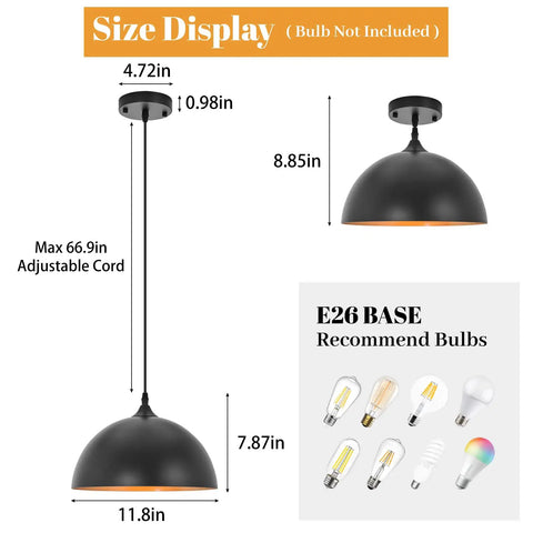 Industrial Pendant Lights 11.8 Inch Black Dome Fixtures With Adjustable Vintage Hanging Lamps size and bulb recommendations