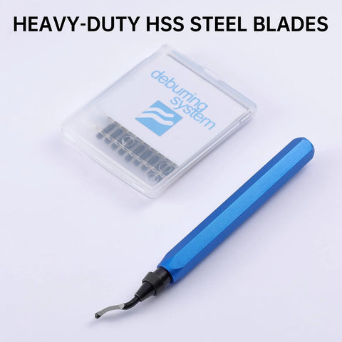 Blue deburring tool with replaceable blades, side view, and clear plastic case containing HSS blades