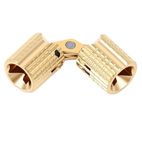 Close-up of Ten Pack Brass Hidden Cabinet Hinges M8x18mm With Concealed Cylinders, 180 Degree Opening in polished brass.