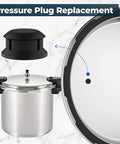 Overpressure Plug Replacement Part For Mirro Mirro-Matic Pressure Cookers And Canners Rubber Plug Seal shown with cooker lid