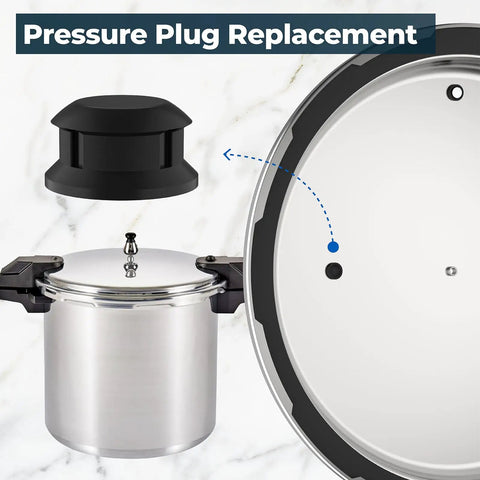 Overpressure Plug Replacement Part For Mirro Mirro-Matic Pressure Cookers And Canners Rubber Plug Seal shown with cooker lid