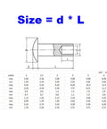 Diagram showing dimensions and sizes of 50 Piece Assortment Of Heavy Duty 304 Stainless Steel Pull Rivets Screw Kits.