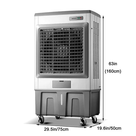 Beat The Humidity Fast With This No Sweat Evaporative Air Cooler And Swamp Cooler, 63in tall, with wheels and front fan.