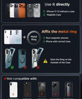 Compatibility instructions for Magnetic Car Phone Holder With 360 Degree Adjustable Foldable Mount Nano Gel Base And Vacuum Lock Zinc Alloy Carbon Fiber MagSafe Compatible For iPhone 12 13 14 15 16 17 Pro Max, including usage with MagSafe and metal ring, not compatible with certain cases.