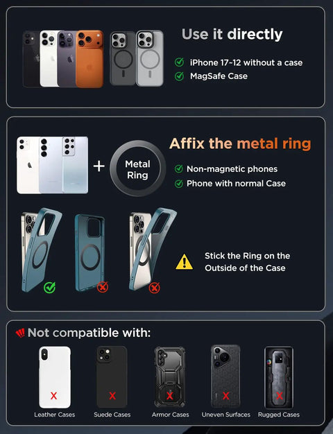 Compatibility instructions for Magnetic Car Phone Holder With 360 Degree Adjustable Foldable Mount Nano Gel Base And Vacuum Lock Zinc Alloy Carbon Fiber MagSafe Compatible For iPhone 12 13 14 15 16 17 Pro Max, including usage with MagSafe and metal ring, not compatible with certain cases.