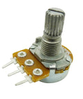 10 Pack 100K Ohm Pot, Single Linear Rotary Taper, Knurled 15mm Shaft, 6mm Diameter, 7mm Thread, 8mm Base Height, From Above Adjustment, 300 Degree Rotation For DIY Electronics And Audio Projects, top view of 100K linear potentiometer with 3 terminals