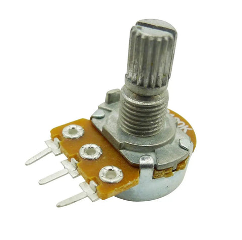 10 Pack 100K Ohm Pot, Single Linear Rotary Taper, Knurled 15mm Shaft, 6mm Diameter, 7mm Thread, 8mm Base Height, From Above Adjustment, 300 Degree Rotation For DIY Electronics And Audio Projects, top view of 100K linear potentiometer with 3 terminals