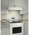 Glacier 36 Inch Under-Cabinet Convertible Range Hood With 4 Way Venting, 2 Speed Exhaust Fan And Light, White Finish, Quiet Yet Powerful Up To 300 CFM For Clean Kitchen Air installed above stove in modern kitchen
