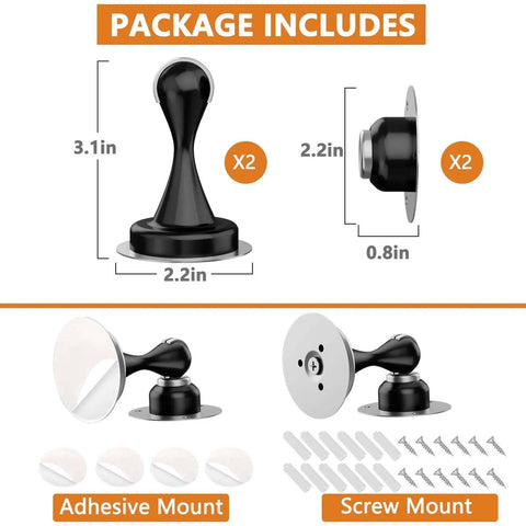 Package includes Soft Catch Magnetic Door Stopper For Bottom Of Door Stainless Steel Wall Or Floor Mount with adhesive and screws.