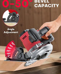 This Badass 6.5 Inch Cordless Circular Saw Packs An 8000 Rpm Brushless Motor Built For Milwaukee M18 Batteries shows 0-50° bevel capacity with handle adjustment.
