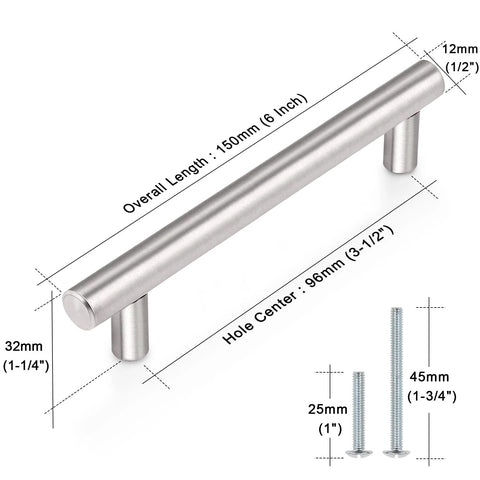 Brushed Nickel Finish Cabinet Handles And Drawer Pulls Stainless Steel Hollow Tubes 6 Inch Length 96mm Center To Center with screws.