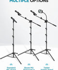 Three configurations of All In One Floor Mic Stand With Tablet And Phone Holder, Adjustable From 30 To 72 Inches, Tripod Boom Arm.