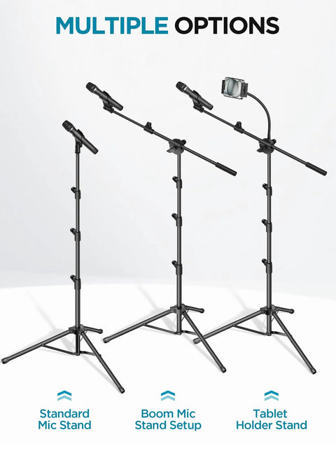 Three configurations of All In One Floor Mic Stand With Tablet And Phone Holder, Adjustable From 30 To 72 Inches, Tripod Boom Arm.