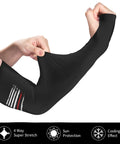 Keep It Cool Wherever You Roll Premium Cooling Arm Sleeves With Bold American Flag Graphics For Mechanic Crews And Road Warriors Breathable Ice Silk Fabric For Heavy Duty Sun Defense And Everyday Comfort, shown in hand stretching the sleeve.