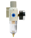 Side view of a One Quarter Inch NPT Air Filter Regulator Lubricator Combo with Pneumatic Air Dryer and Gauge