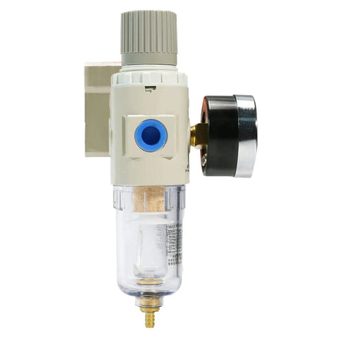 Side view of a One Quarter Inch NPT Air Filter Regulator Lubricator Combo with Pneumatic Air Dryer and Gauge
