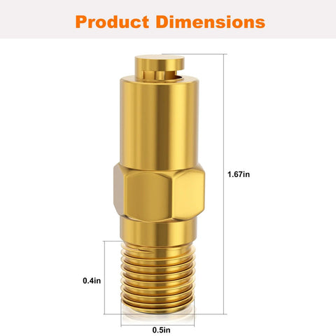 Front view of gold brass pressure washer thermal relief valve, replacement, 1/4 in NPT