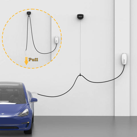 Retractable EV Charger Cable Organizer With Wall Mount Up To Eleven Feet One Touch Rewind Heavy Duty Nylon Housing in use