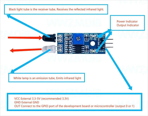 Diagram of Six Pack IR Infrared Reflective Sensor Module Three Wire Photoelectric for Arduino, showing component labels and connections.