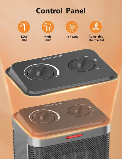 Control panel of Heat Up Fast PTC Ceramic Space Heater With Thermostat 3 Modes No Fuss Compact Desk Heater Space Saving Portable Heater With Overheat And Tip Over Protection
