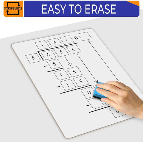 Two Pack Dry Erase Math Boards For Multiplication And Division With Charts, being erased, 9 by 12 inches, classroom and home use