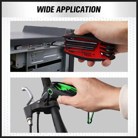 Folding Allen Wrench Set 25 Piece With Metric SAE And Torx Hex Keys being used on bike and furniture repair.