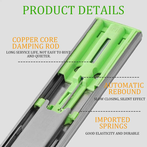 Close-up of soft close full extension drawer slides with copper core damping rod, automatic rebound, imported springs.