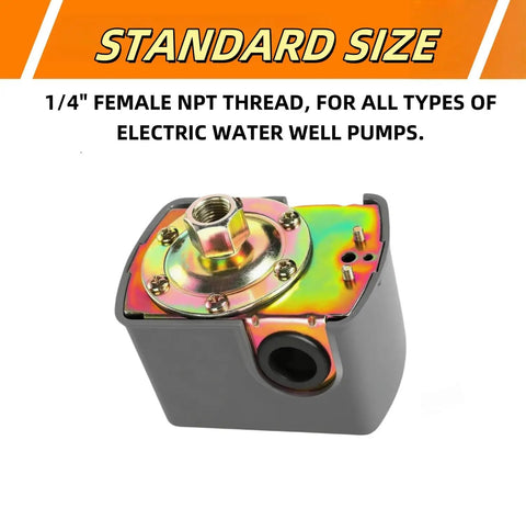 Water Well Pressure Switch With Auto Control For Well Pump System Adjustable 40 To 60 PSI Differential Setting One Quarter Inch Female NPT Air Pump Compatible 1 Pack side view showing 1/4 inch female NPT thread.