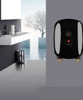 Compact Electric Water Heater Delivering Instant Hot Output With A Slick Wall Mount Build Made For Under Sink Installations Featuring A Clear Digital Temperature Dial on a wall in a modern bathroom