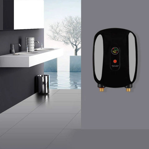 Compact Electric Water Heater Delivering Instant Hot Output With A Slick Wall Mount Build Made For Under Sink Installations Featuring A Clear Digital Temperature Dial on a wall in a modern bathroom