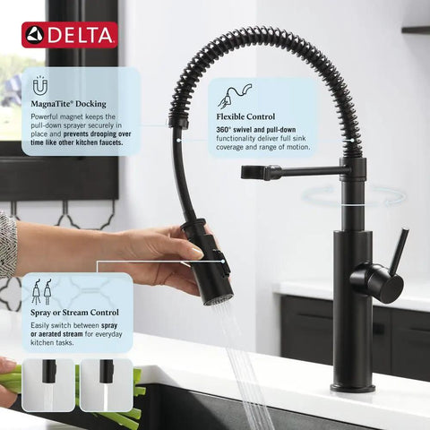 Heavy Duty Slick Finish Kitchen Faucet With Smooth Pull Down Spray Single Handle Matte Black Build showing flexible control features.