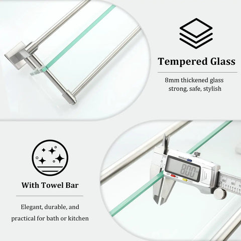 Floating Bathroom Shelf With Towel Bar 20 Inch 8mm Tempered Glass On SUS304 Stainless Steel In Brushed Nickel Finish details