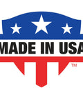 "Made in USA" emblem with blue stars and red and white text design.