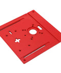 Universal Aluminum Router Table Insert Plate With Precision Center Hole Bands, red anodized aluminum, flat mounting surface for woodworking.